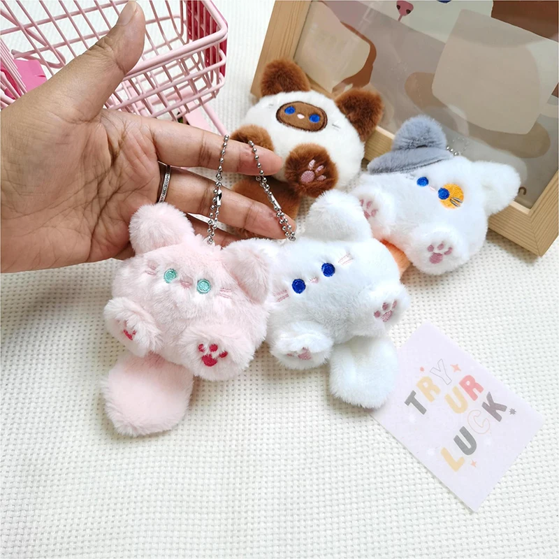 Cute Plush Long Tailed Cat Squeak Keychain Kawaii Cartoon Doll Toy Bag Pendant Key Ring Keyring Accessories For Women Girls