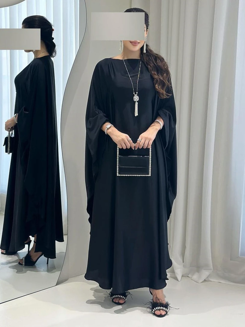 Eid Muslim Dress for Women Bat Sleeve Satin Jalabiya Abaya Morocco Party Dresses Ramadan Kaftan Islam Dubai Arab Long Robe 2024