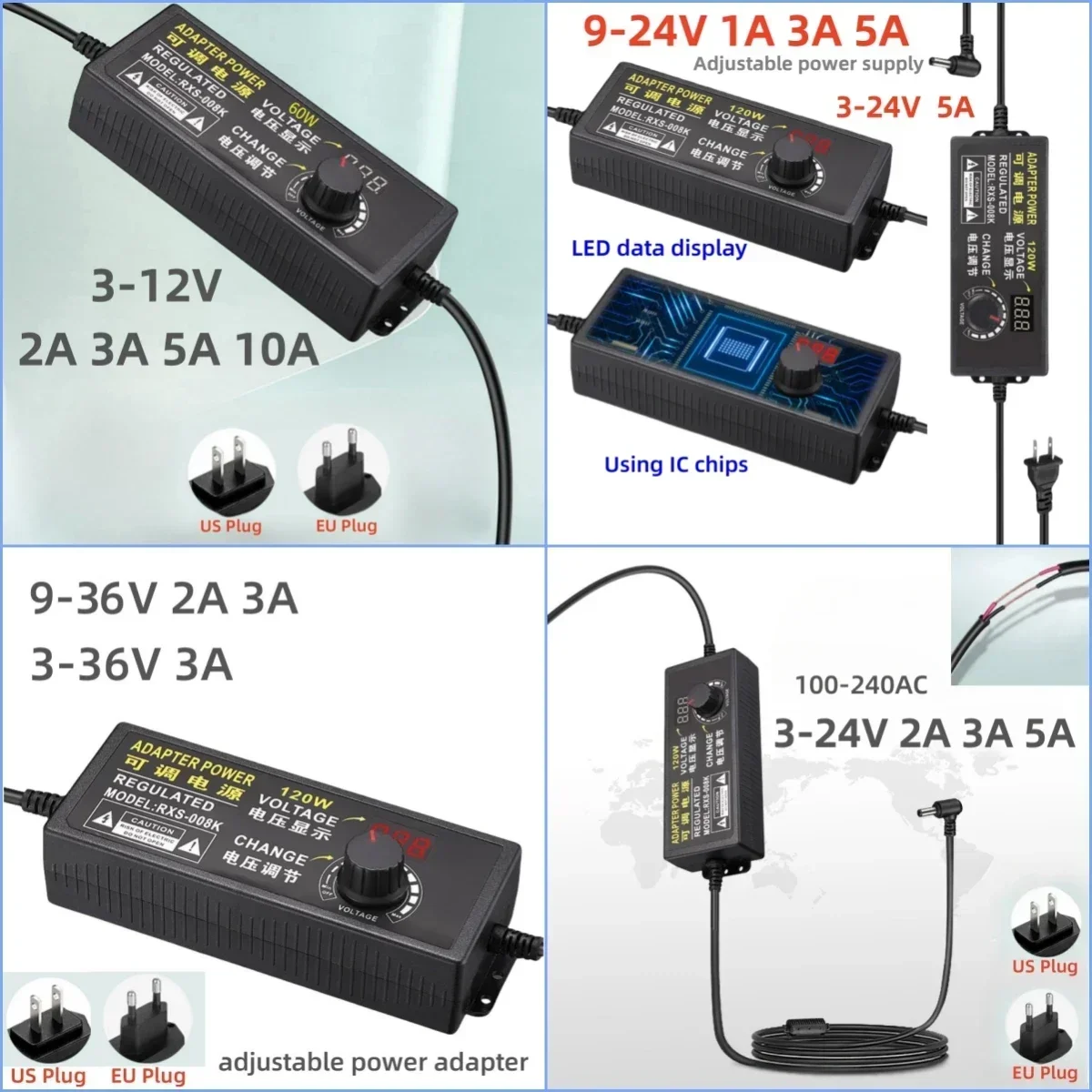 Regulowany zasilacz Uniwersalny zasilacz AC110V-220V na DC 3V 9V 12V 24V 36V z wyświetlaczem Regulowany przełącznik ściemniacza mocy