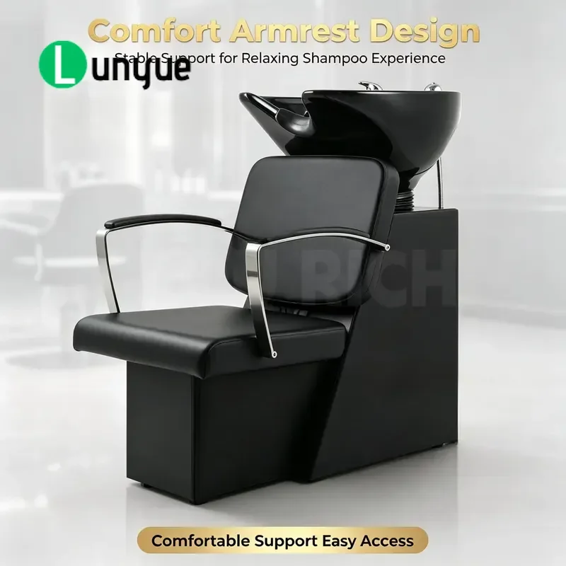 Black PU Leather Shampoo Chair Ergonomic Commercial Hair Washing Station for Barber Shop Beauty Spa Durable Comfortable