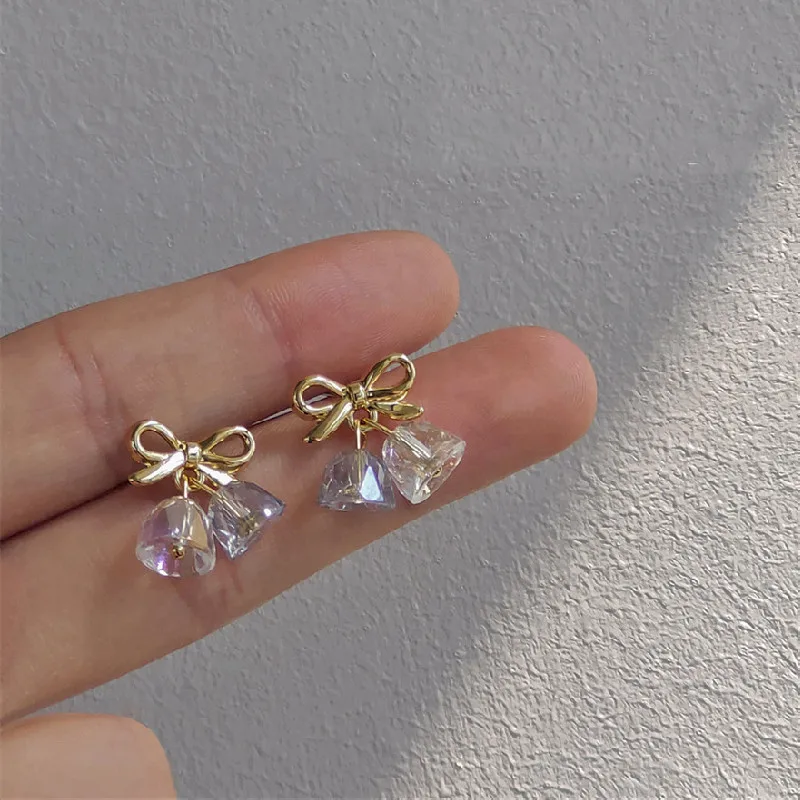 Retro Clear Quiet Bell Small Fresh Bow Sweet Temperament Earrings Korean Compact Light Luxury Earrings Female Fashion Jewelry