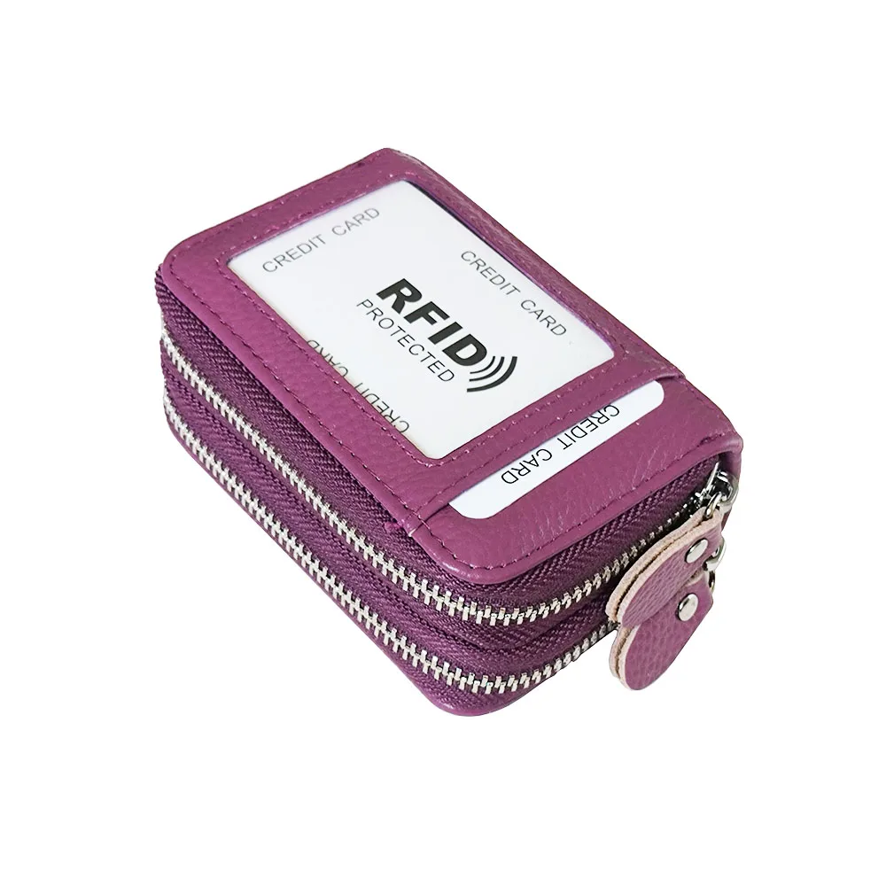 RFID Blocking Fashion Women Card Holder Genuine Leather Double Zipper Large Capacity Female Wallet Purse