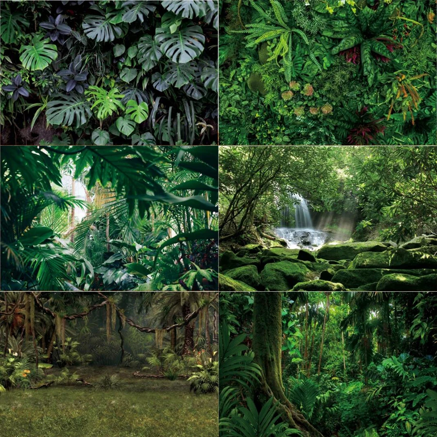 Fondo de fotografía de cumpleaños de bebé, bosque de jungla Tropical, hoja verde, decoración, cartel de fiesta familiar, póster, fondo para estudio fotográfico