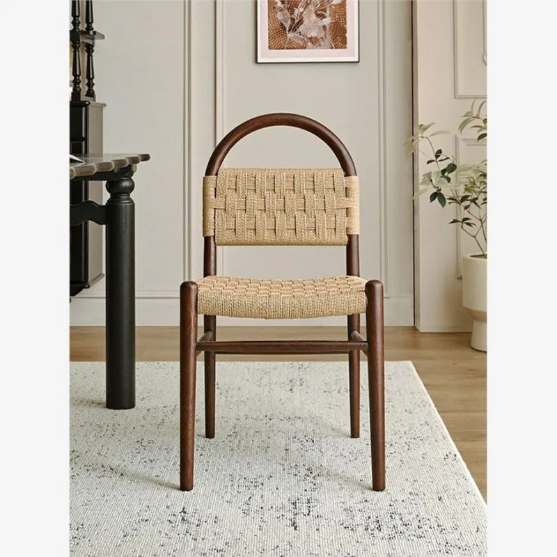 

French medieval dining chair rope woven solid wood chair retro home woven backrest casual makeup chair