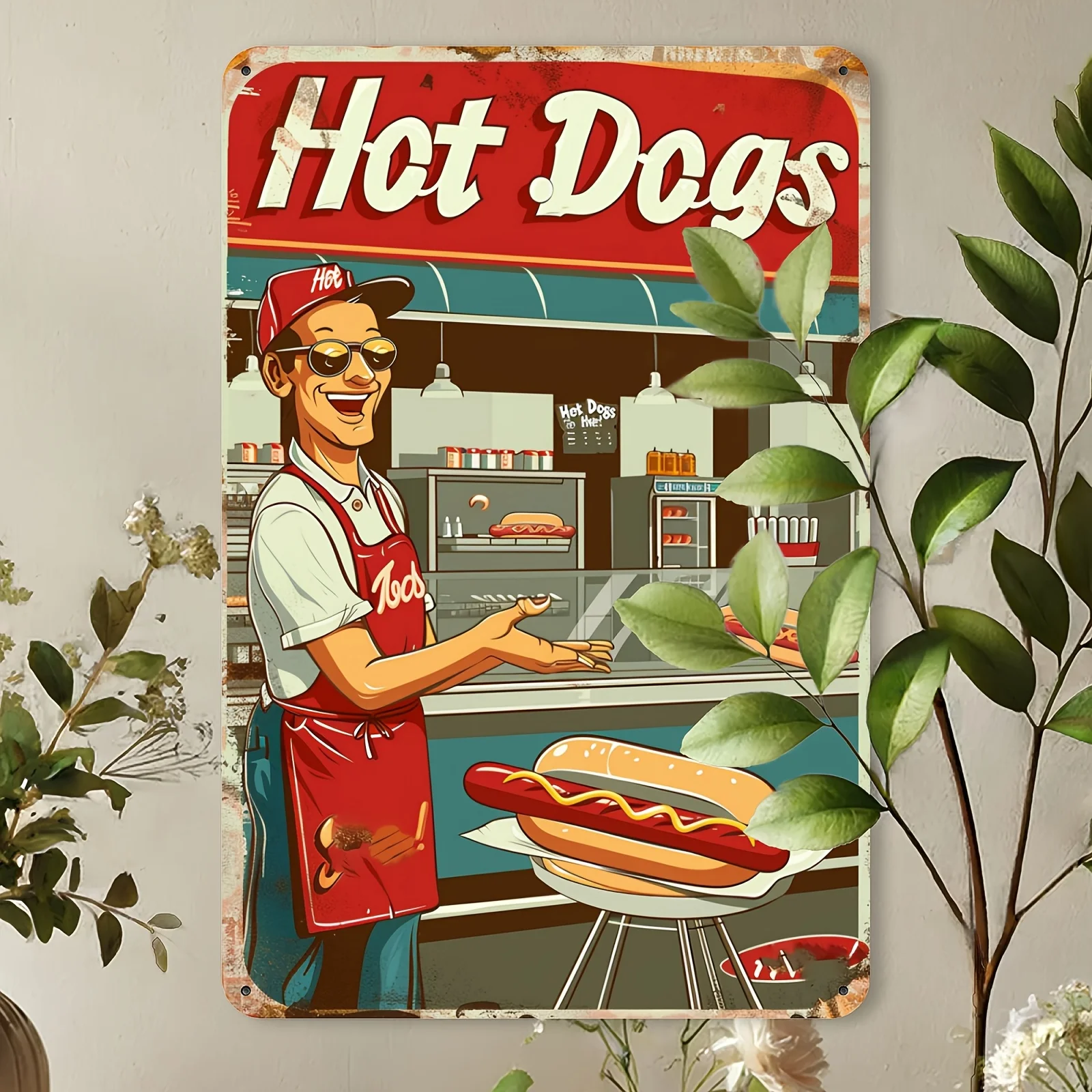 Room Decoration 1-Piece Set of Vintage Hot Dog Metal Sign, Vintage Iron Wall Art, 8x12inch Pieces, Classic Food Advertisement Home Decor, Cafe