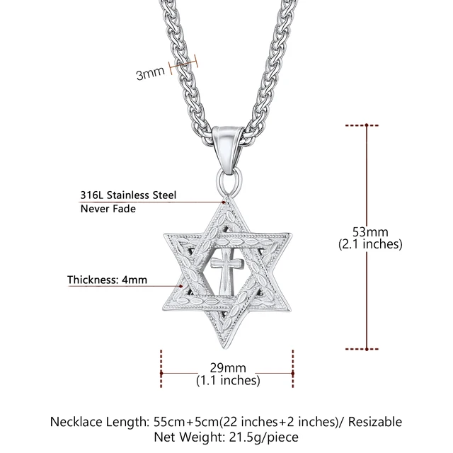 OIDEA Star Of David Cross Necklace - Stainless Steel Religious Pendant For Men & Women, 23.6" Chain