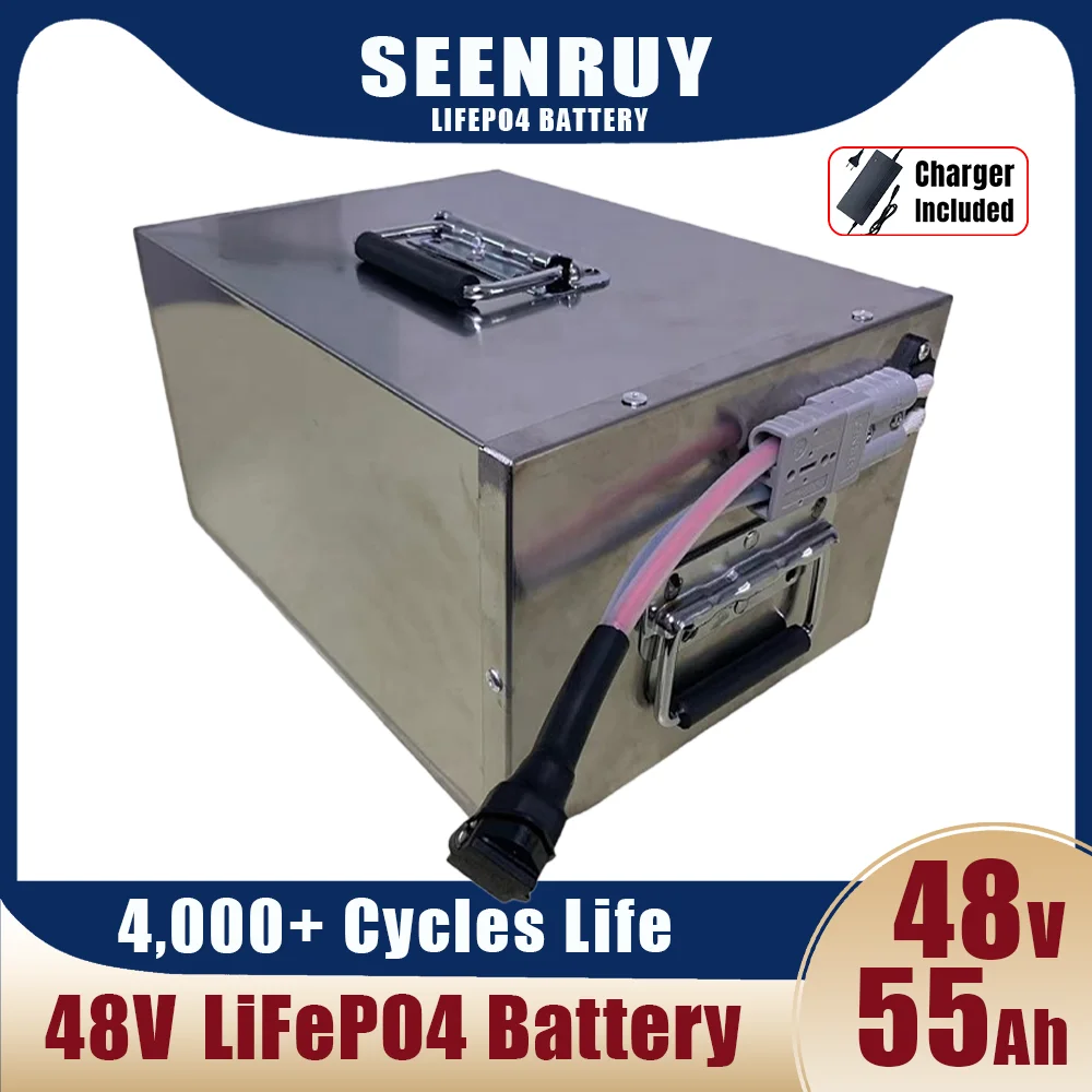 

48V 55Ah Lifepo4 Battery Pack Built-in BMS for AGV Tricycle Inverter Golf Cart Boat Waterproof with 10A Charger