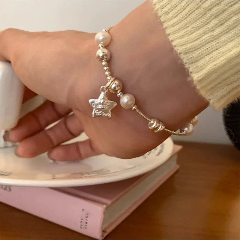 

New 925 Silver Star Love Geometric Bead Punk Pearl String Bracelet For Woman Girl Fashion Jewelry Gift Dropship Wholesale