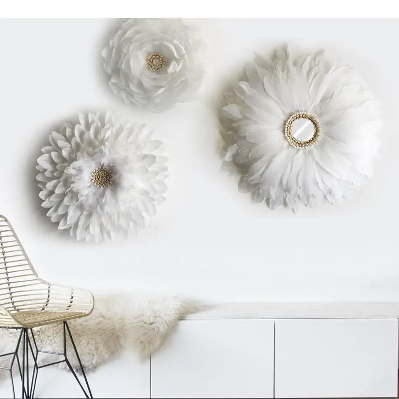 White Feather Wall Ornaments Straw Weaving Crafts Flower Decorative Hanging Pictures Living Room Wall-mounted Artificial