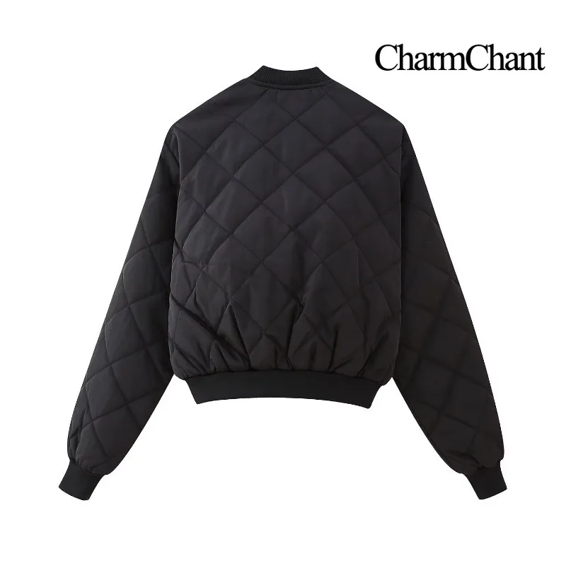 CHARMCHANT Women's Quilted Bomber Jacket Diamond Pattern Snap Button Ribbed Cuff Cropped Puffer Coat Black Autumn Winter 2026