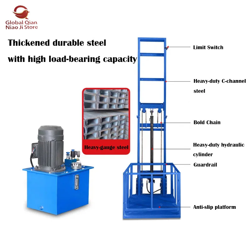 New 1 Ton Electric Hydraulic Lift Cargo Freight Elevator 6m Load Capacity Remote Control 220V 3KW 1x0.8m Table