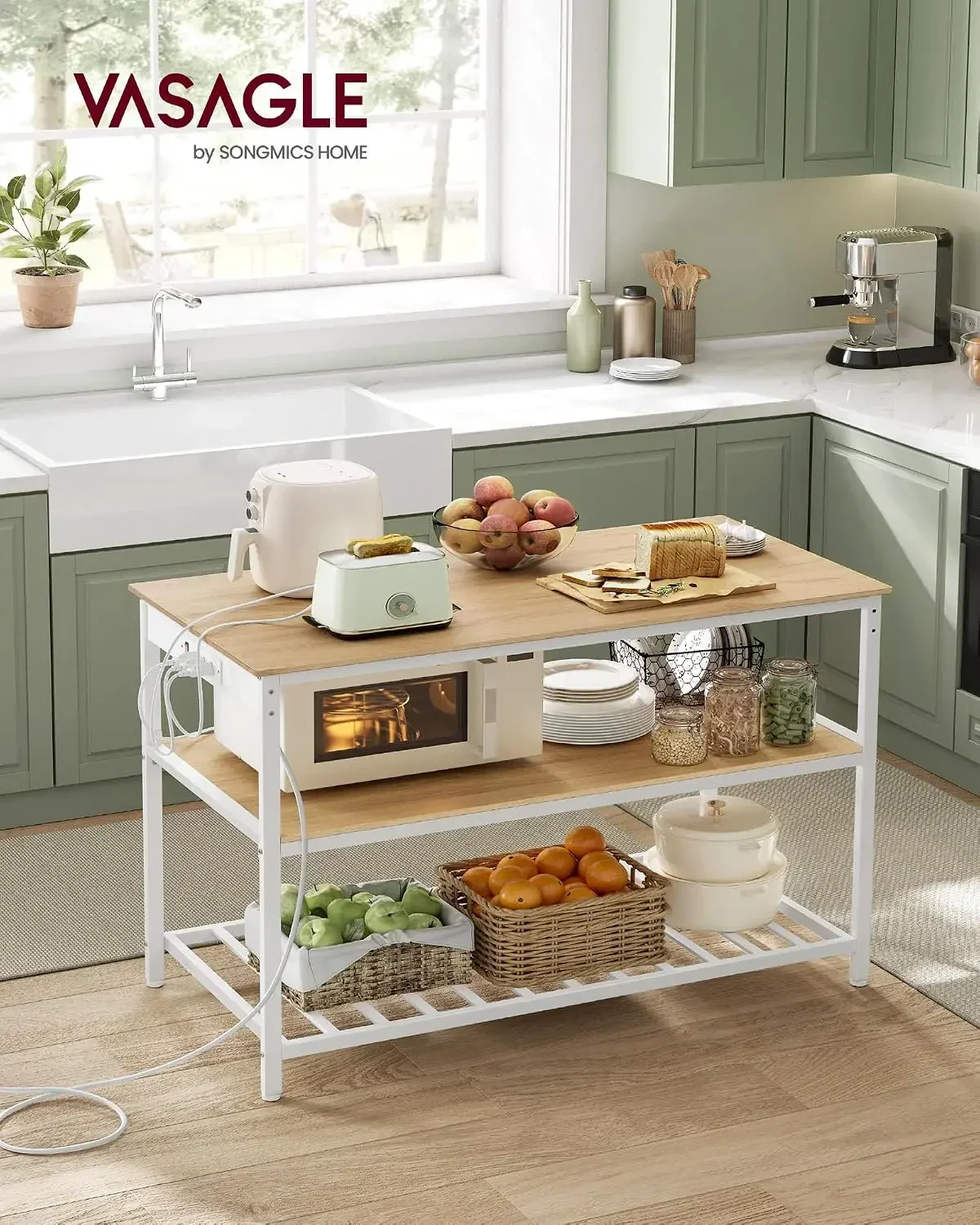 BestsellerKitchen Island with 3 Shelves, Kitchen Shelf with Power Strip, 23.6 x 47.2 x 34.9 Inches, Large Worktop, Steel Structu