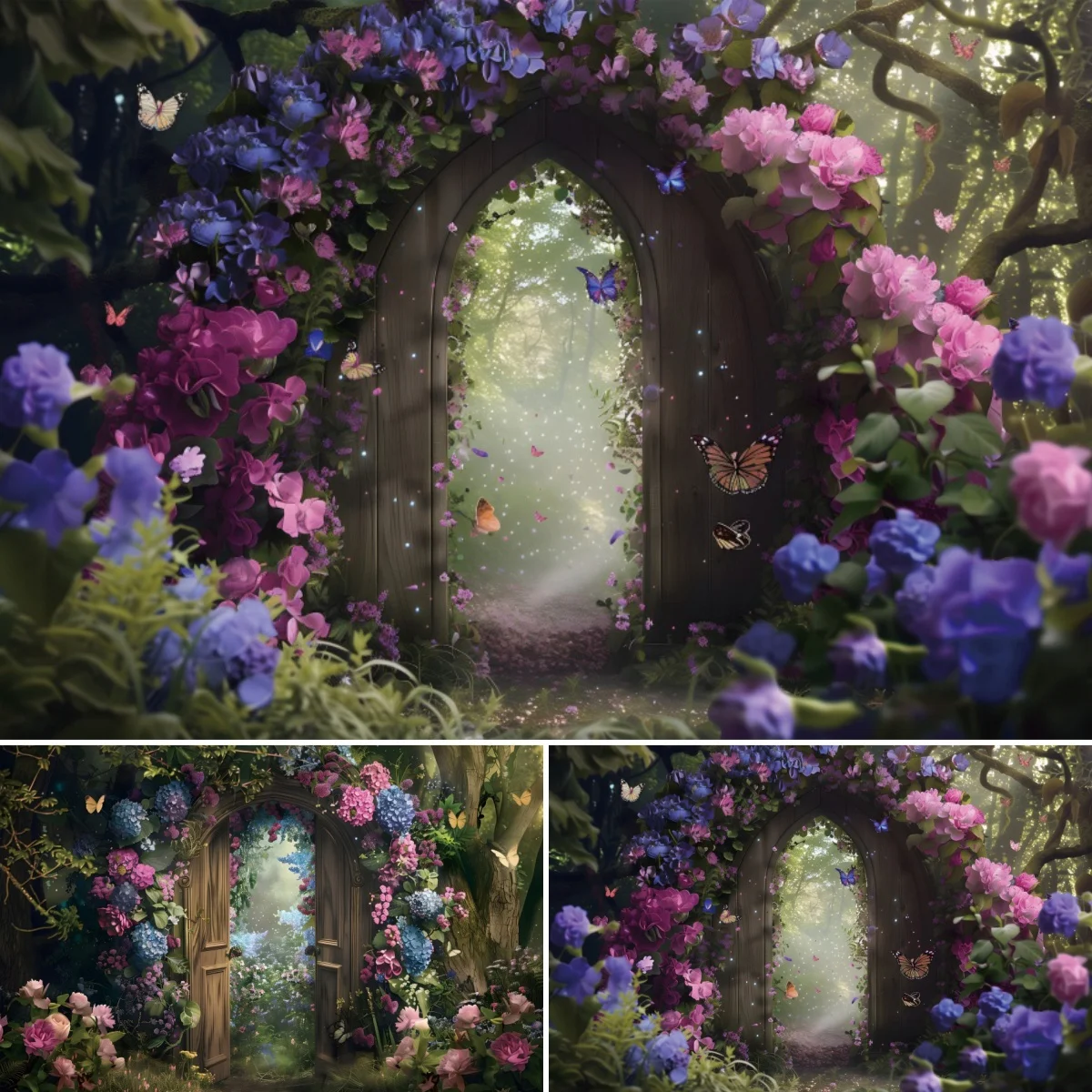 Forest Door Backdrop With Floral Arch Pink Butterflies Enchanted Garden For Wedding Photo Fairy Tale Decoration Scene Photocall