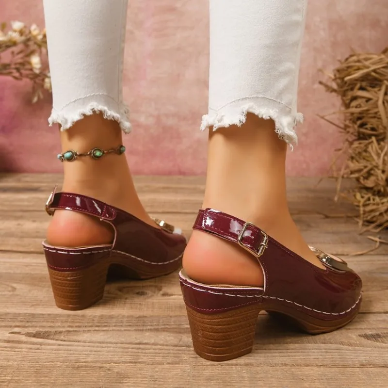 Women's Sandals Open Toe Mid Block Heel Patent-Look Slingback Strap Metal Buckle Contrast Stitching Casual Daily Walking Shoes view 5