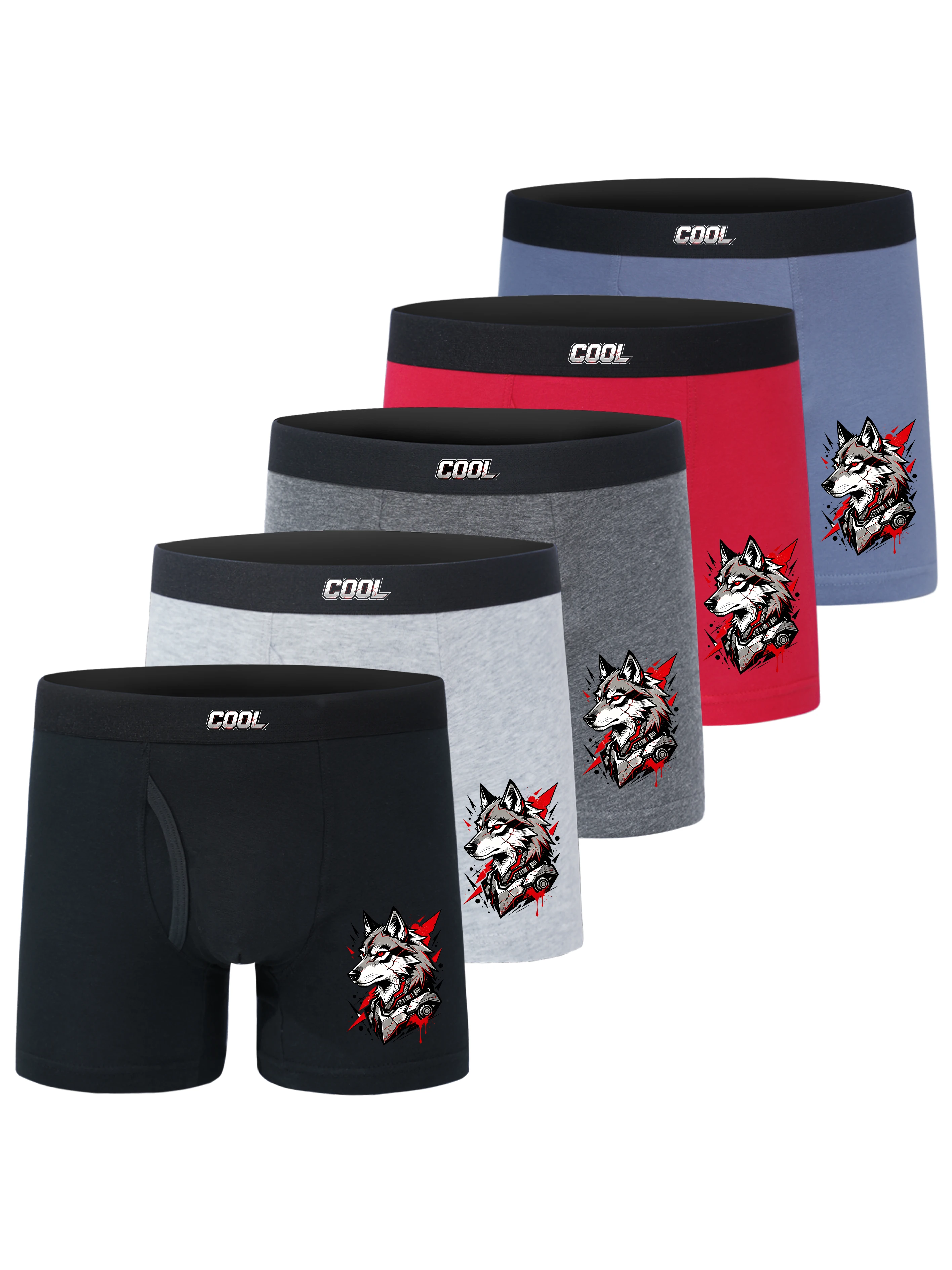 5 Pack Boys Cotton Open Fly Boxer Briefs COOL Letter Mechanical Wolf Head Graffiti Print Soft Breathable Kids Underwear