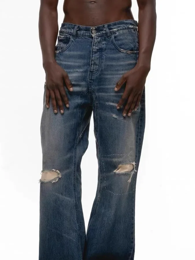 

Washed Blue Patchwork Hole Cut Loose Leggings Jeans Youth Casual mid Waist Straight Tube Long Pants Italian Style
