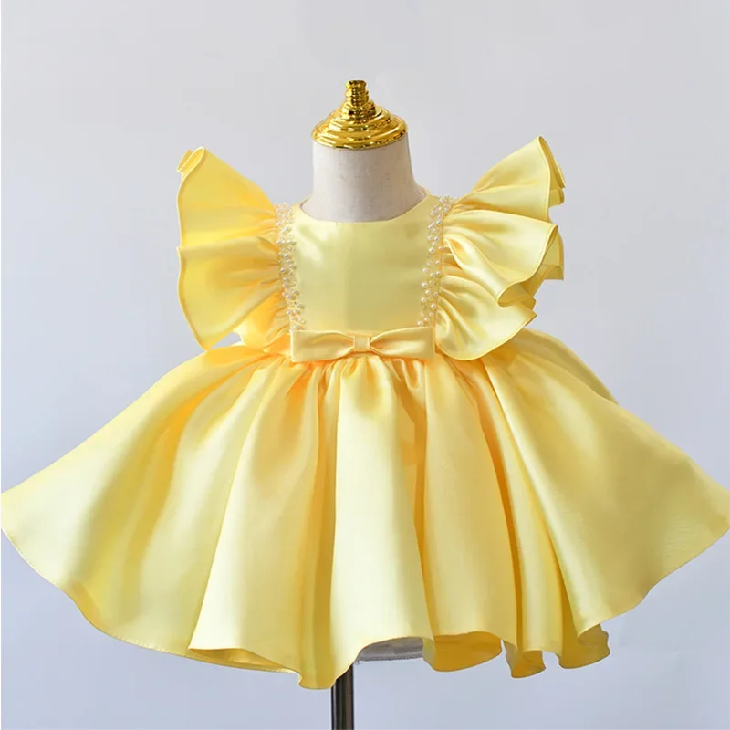 Robe de Princesse en Satin Élégante Personnalisée pour Fille, Tenue d'Anniversaire de Couleur Unie, Col Rond, Manches Volantes, à Fleurs, avec Nministériels d Perlé Doux, 2024