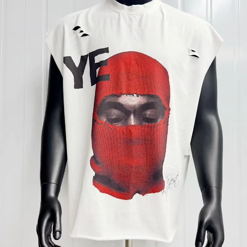 Summer Loose Sleeveless T-shirt Kanye West Tank Tops Ink Digital Direct-printing High Street Retro Distressed White Tshirt
