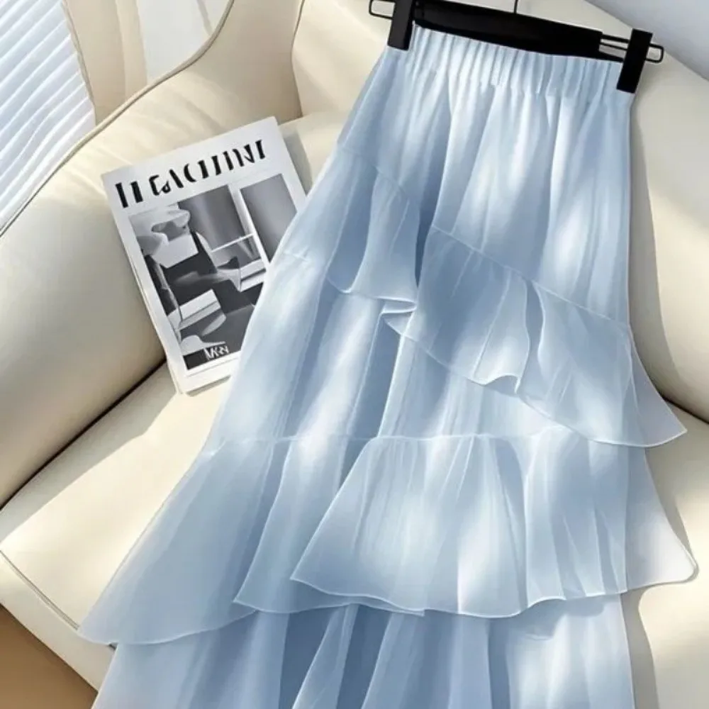 Fashion Blue Long Skirt Ruffles Loose Fit A-Line Skirt High Waist Chiffon Skirt Spring Summer