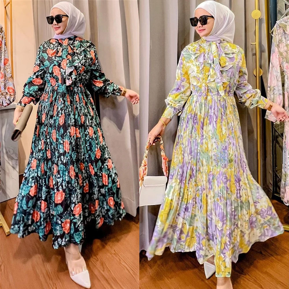 Fashion wanita Muslim Abaya Ruffles bunga cetak musim panas gaun Maxi Turki Arab Kaftan pesta Islam Jalabiya Kaftan gaun Vestidos