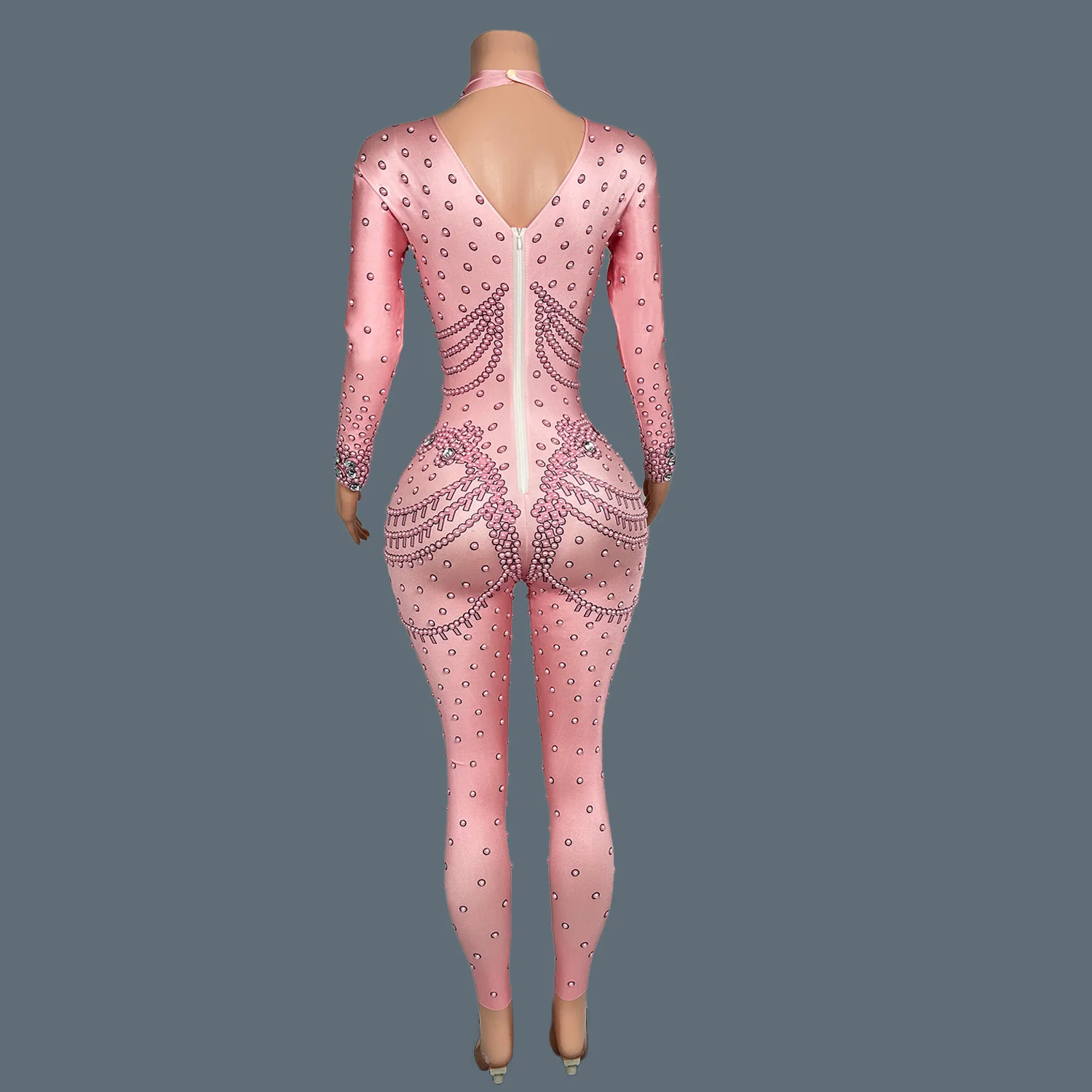 Luxury Rhinestones Long Sleeve Bodycon Pink Jumpsuit Sexy Singer Stage Show Spandex Costume Black Girls Club Jumpsuit huiyi
