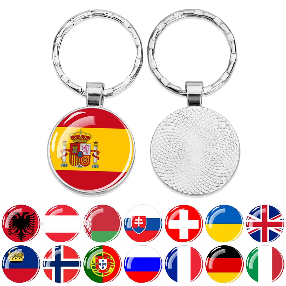 National Flag Keychains European Countries Flag Key Chains Glass Cabochon Pendant Keyring Spain Russia France Italy Jewelry Gift