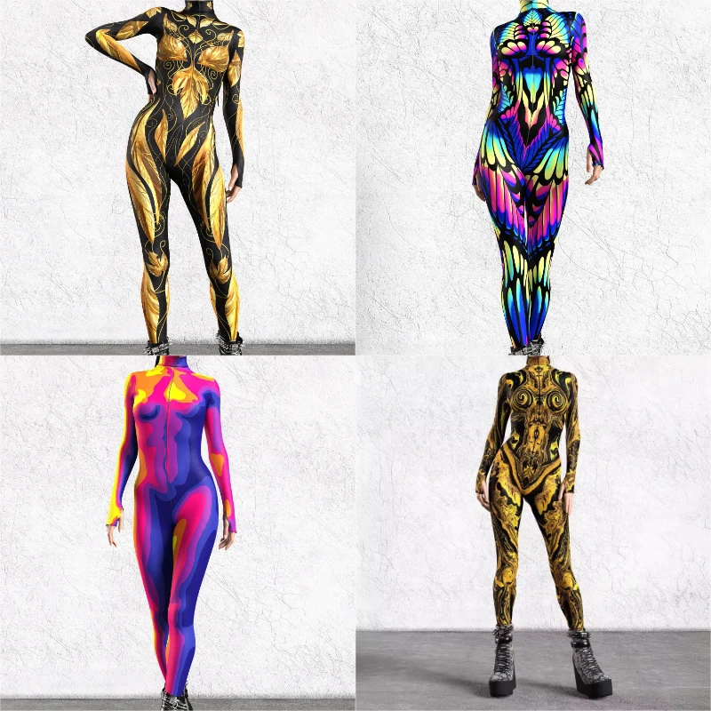 

Women New Halloween Artistry Bodysuit Gothic 3D Body Paint Costume Form Fitting Skeleton Cosplay with Dark Fantasy Print