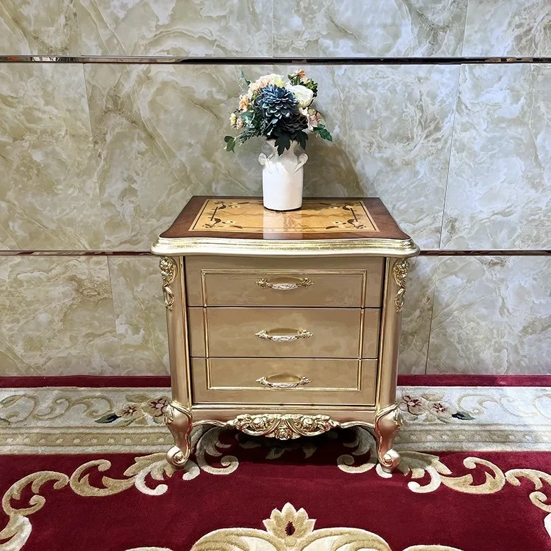 French solid wood bedside table European style carved bedroom bedside table three drawer storage cabinet for home use