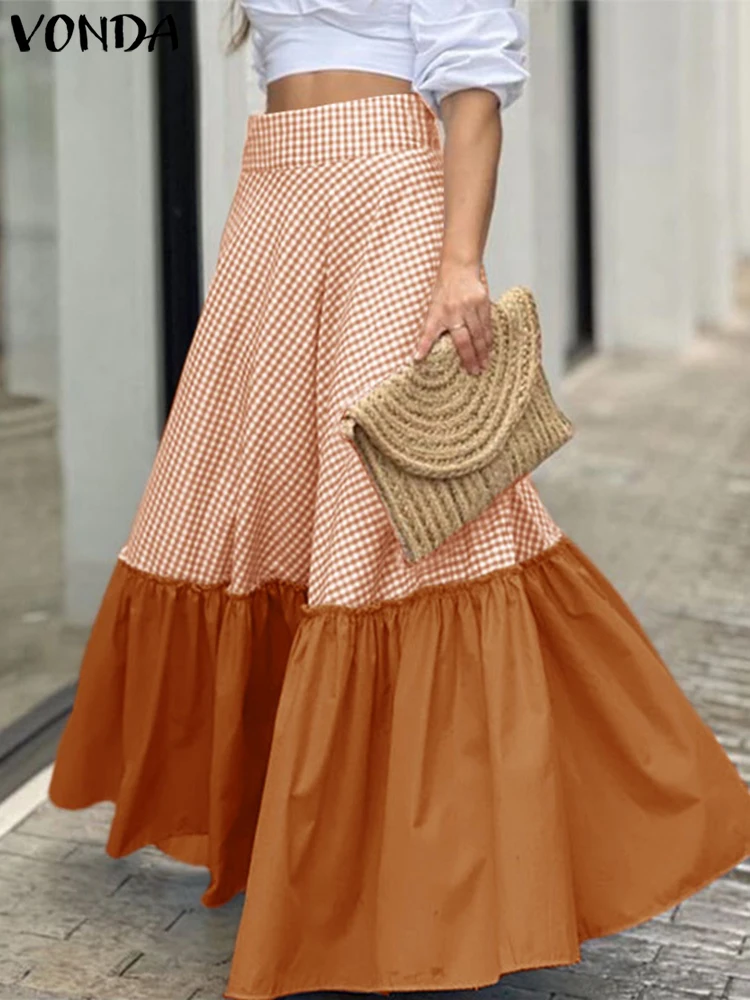 VONDA Vrouwen Maxi Rokken 2025, Zomer Patchwork Geruite Overrokken Vakantie Boheemse Afdrukken Lange Bodems Casual Oversize Femininas