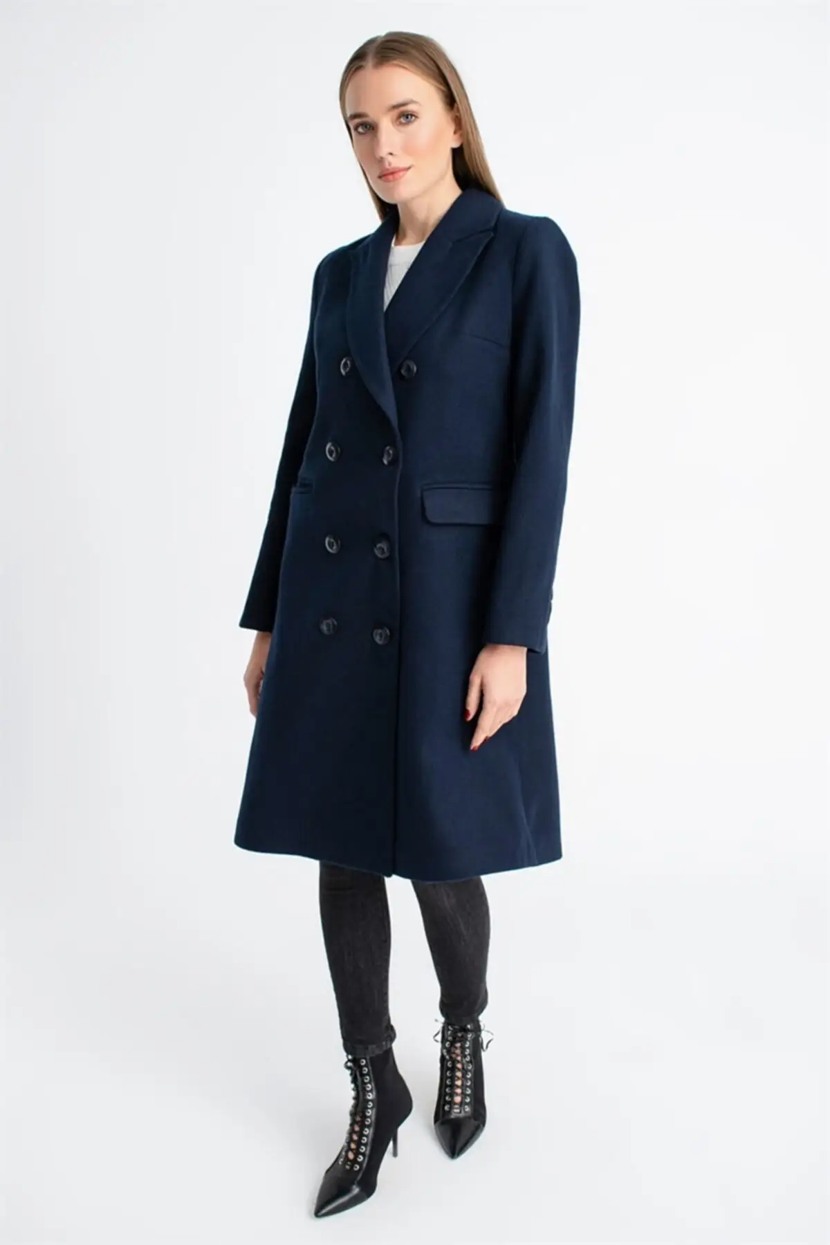 Women's Coat Navy Blue Coat Sleeve Buttoned Long Thick Stylish Elegant Useful 2021 Winter Autumn Fashion Outerwear Coats