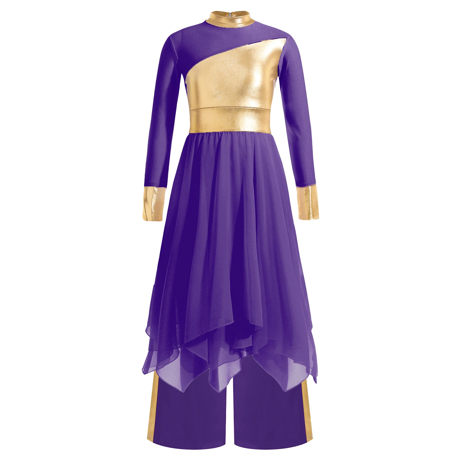 Kids Girls Liturgical Praise Dance Outfit Modern Dancewear Long Sleeve Color Block Metallic Patchwork Dance Dress+Wide-Leg Pants