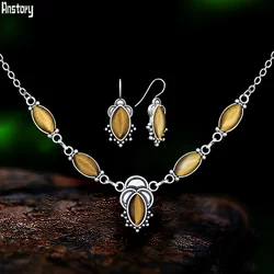 Vintage Eye Shape Tiger Eye Necklace Earring Women Set Antique Silver Plated Flower Natural Stone Fashion Jewelry