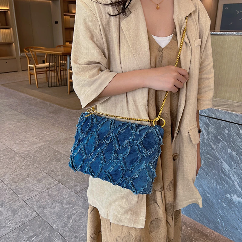 LEFTSIDE large Denim Chain Crossbody Bags for Women 2023 Designer Travel Lady Underarm Shoulder Side Bag Females Handbags