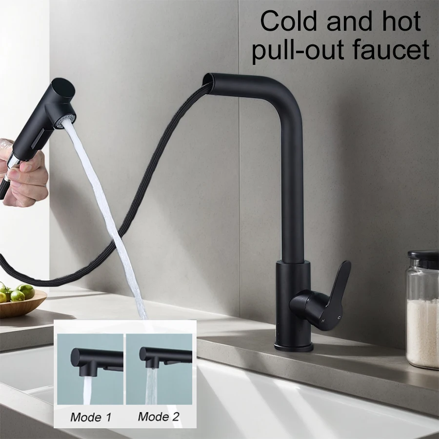 Modern Minimalist Style Black Pull-Out Kitchen Faucet with Dual Water Outlet Design, Hot and Cold Single-Hole Easy Installation, Suitable for Kitchen or Balcony Sinks, Comes with Water Inlet Pipe
