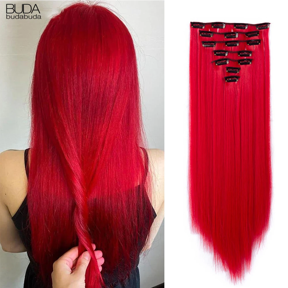 Buabuda-extensiones de cabello sintético largo y liso, 16Clips, fibra de alta temperatura, color rubio, negro y marrón