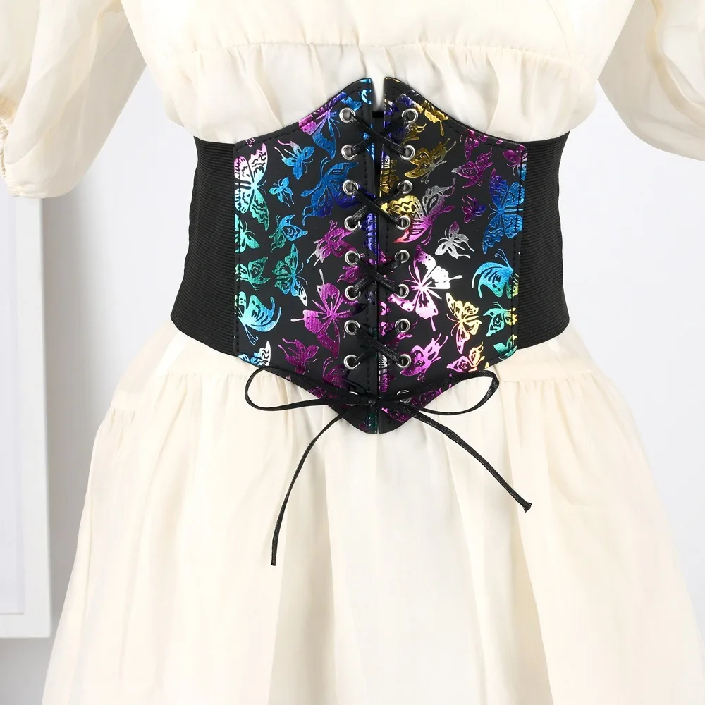 Fashion PU Printing Wide Belt Classic Style Casual Butterfly Waist Corset Trendy Waist Decorations Elastic Cummerbunds Ladies