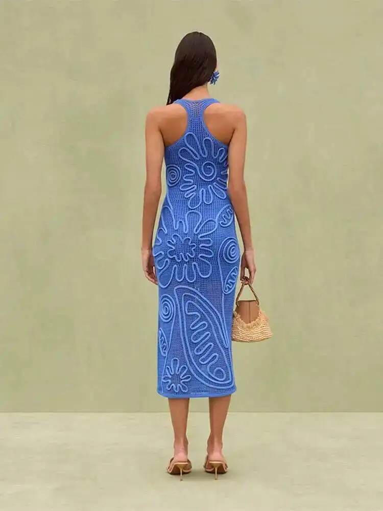 المرأة أنيقة محبوك فستان طويل الأزرق الفاخرة الحمالات أكمام عارية الذراعين مستقيم من خلال رداء جديد سيدة ملابس الحفلات 3YH3 #2