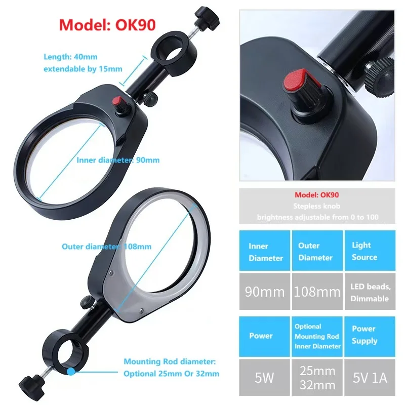 

High-brightness and high-power vision light source, microscope ring-shaped strong LED light OK120, adjustable in left-right and