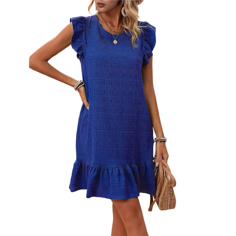 A83F-Vestiti estivi da donna, girocollo, maniche ad aletta, orlo con volant, mini abito grembiule casual
