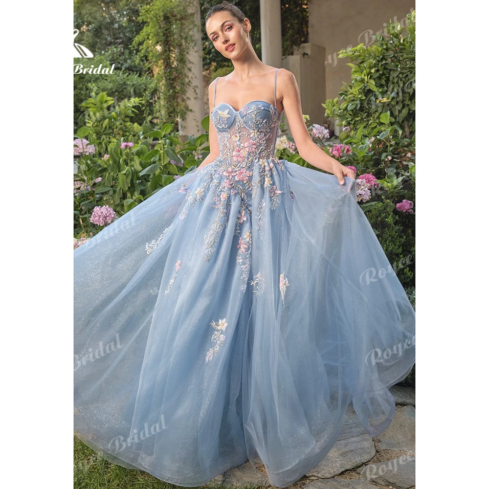 Roycebridal Blaues Blumen-Tüll-Abendkleid A-Linie Transparentes Abendkleid mit Hohem Schlitz Jugendliches Formelles Kleid Maßgeschneidertes Teenager-Festkleid