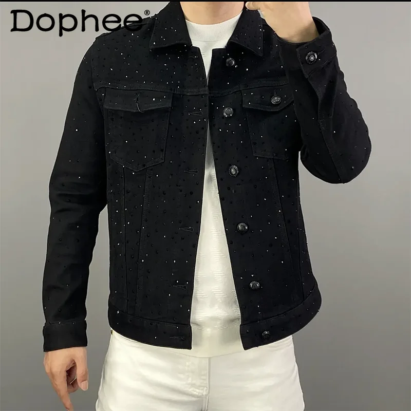 

Diamond Black Denim Jacket Men's 2024 Spring Autumn New Chic Coat Lapel Trendy Male Top Slimming Long Sleeve Solid Color Jackets