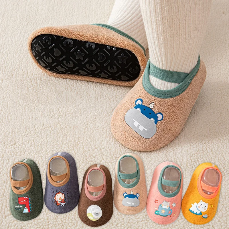 Newborn Baby Boys Girls Anti Slip Cartoon Shoes Winter Indoor Outdoor Slippers Infant Floor First Walk Shoes with Rubber Sole