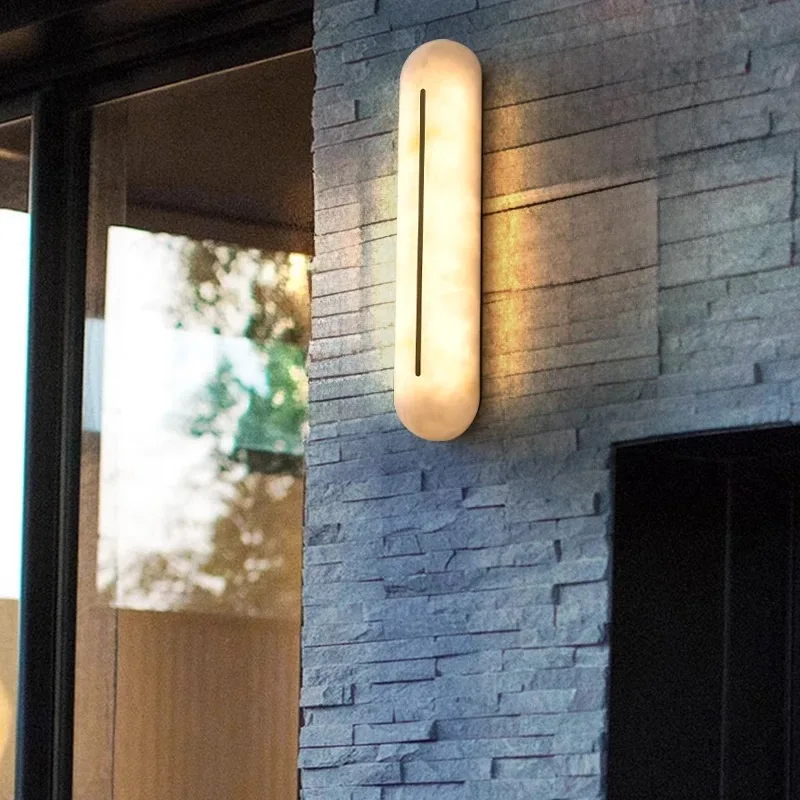 

2025 New Nordic Spanish Natural Marble Wall Lamp, Dimmable Long Brass Lustre Sconce for Villa Bar, Trendy Home Decor Light
