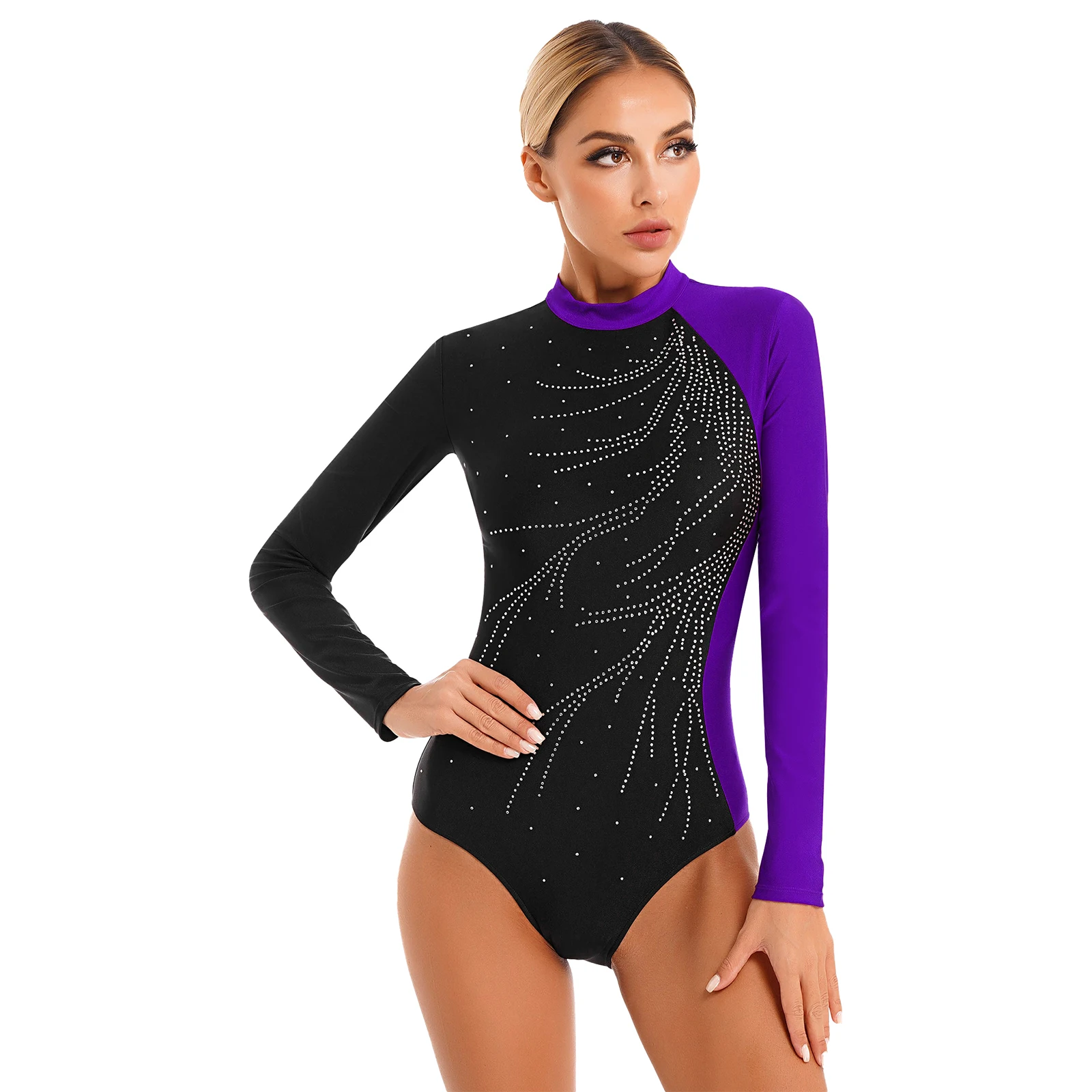 Womens Glitter Rhinestone Ballet Jersey Dance Leotard Long Sleeve Mock Neck Bodysuit Gymnastics Artistic Figure Skating Costume