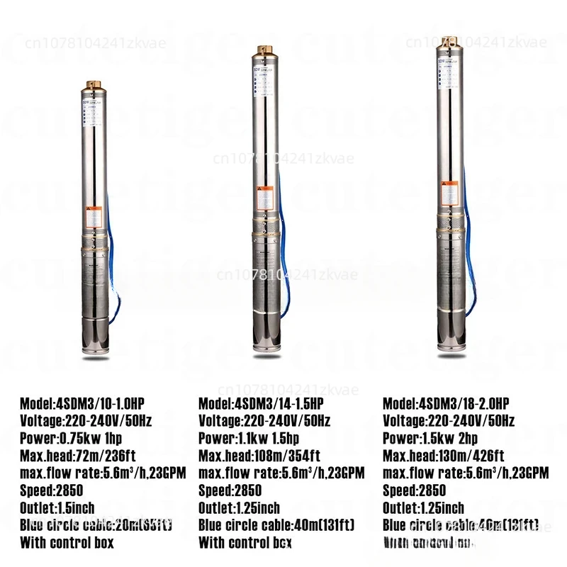 20M Cable + Contrl Box for Garden Home Agricultural Irrigation, 4 Inch 0.75KW Deep Well Pump 1HP 6500L/H Submersible Pump