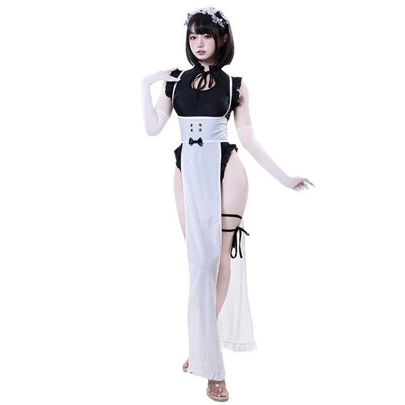 Anime Meido Kafe Cosplay Costume Women Sexy Battle Maid Dress Uniform Ruffle Bodysuit Jumpsuit Slit Long Apron Outfits Halloween