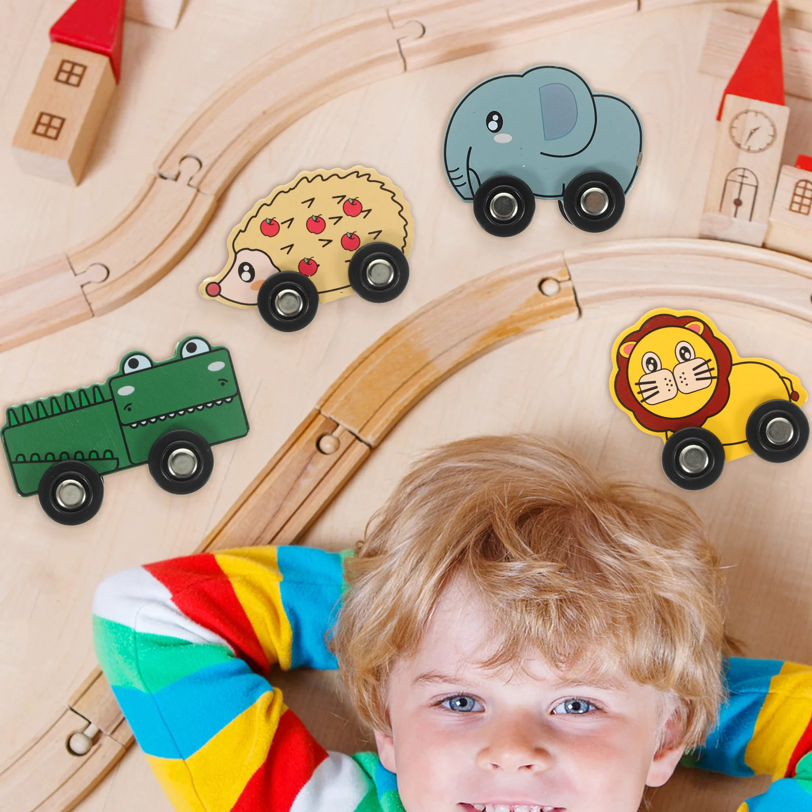 6-delige houten treinset Educatief speelgoed voor kinderen Kleurrijk dierontwerp Houten spoorstukken Ontwikkelingscognitie voor peuters