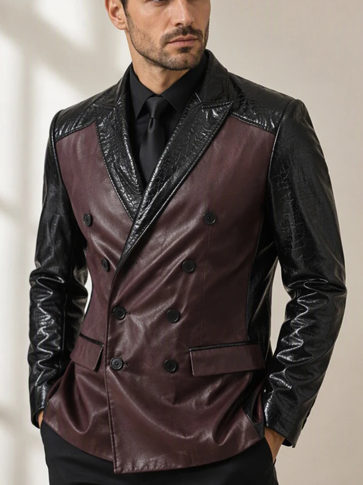 Men Faux Leather Blazer Double Breasted Croc Embossed Patchwork Lapel Collar Slim Fit Jacket Spliced Business Party Outerwear