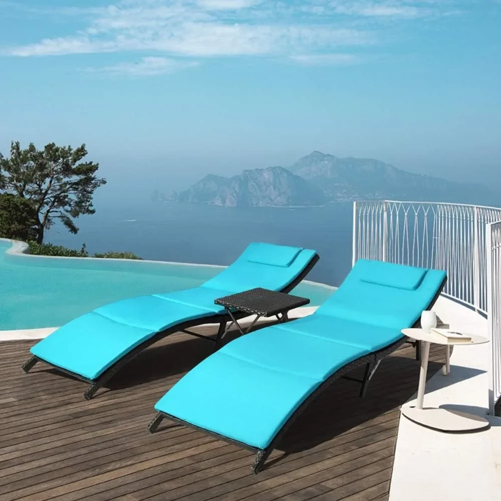 Outdoor Chaise Lounge Chair, 3 Pieces Chaises Set  Poolside Rattan Reclining , Outdoor Chaise Lounge Chair