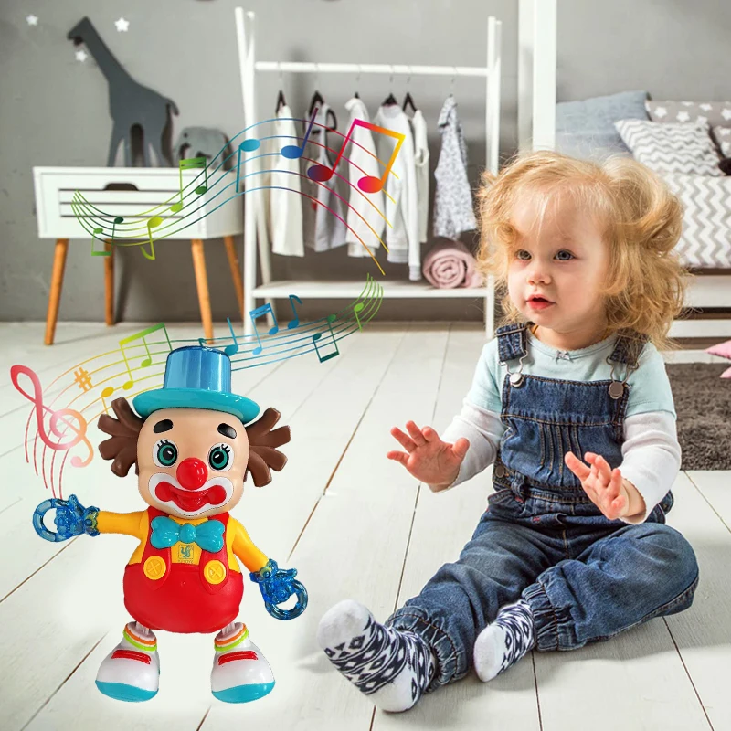 Elektryczny klaun-muzyczny z kolorowymi światłami i muzyką, idealny prezent świąteczny dla dzieci.